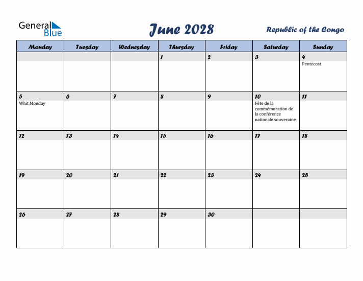 June 2028 Calendar with Holidays in Republic of the Congo