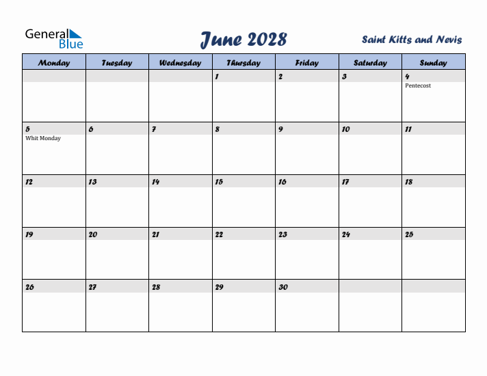 June 2028 Calendar with Holidays in Saint Kitts and Nevis