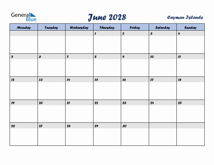 June 2028 Calendar with Holidays in Cayman Islands