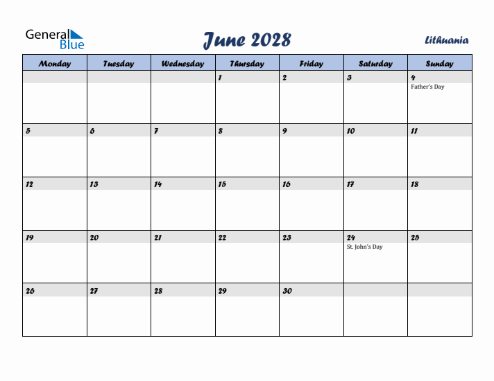 June 2028 Calendar with Holidays in Lithuania