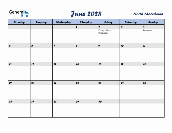 June 2028 Calendar with Holidays in North Macedonia
