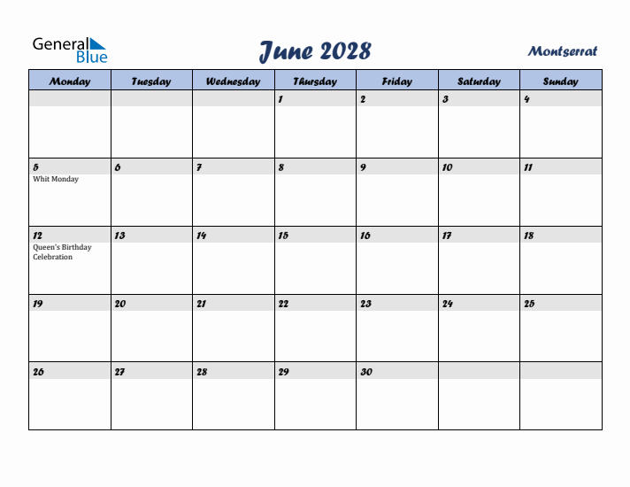 June 2028 Calendar with Holidays in Montserrat