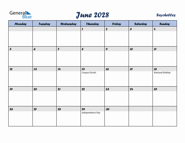 June 2028 Calendar with Holidays in Seychelles