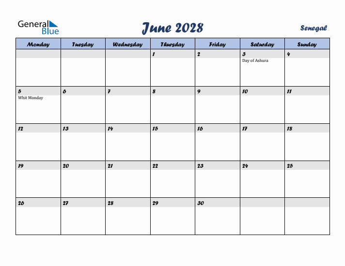 June 2028 Calendar with Holidays in Senegal