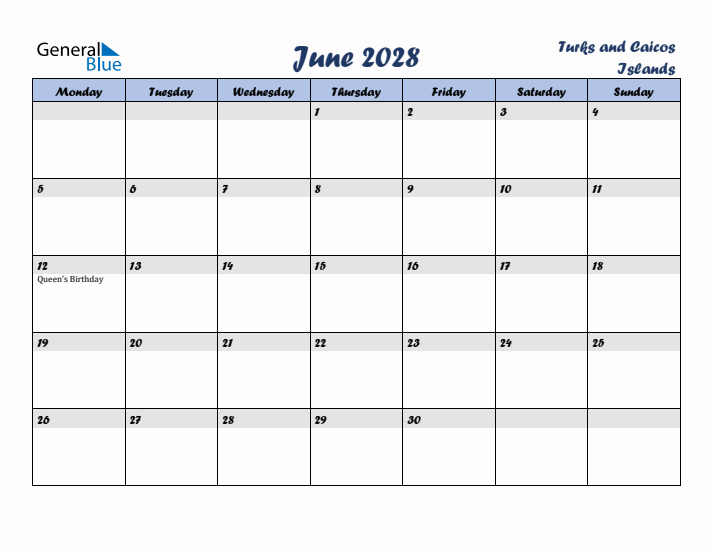 June 2028 Calendar with Holidays in Turks and Caicos Islands