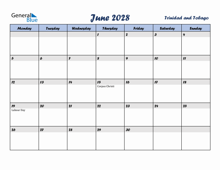 June 2028 Calendar with Holidays in Trinidad and Tobago