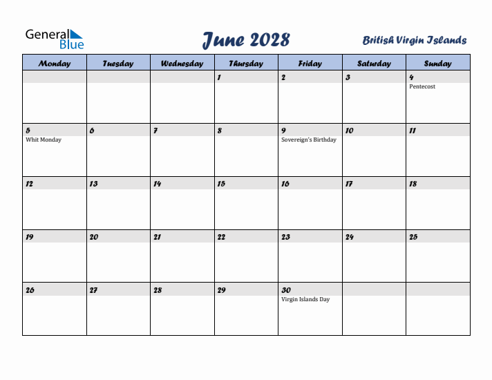 June 2028 Calendar with Holidays in British Virgin Islands
