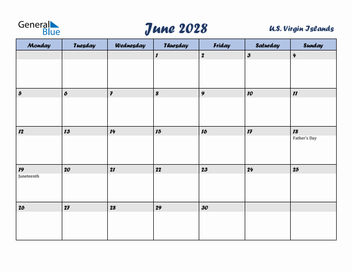 June 2028 Calendar with Holidays in U.S. Virgin Islands
