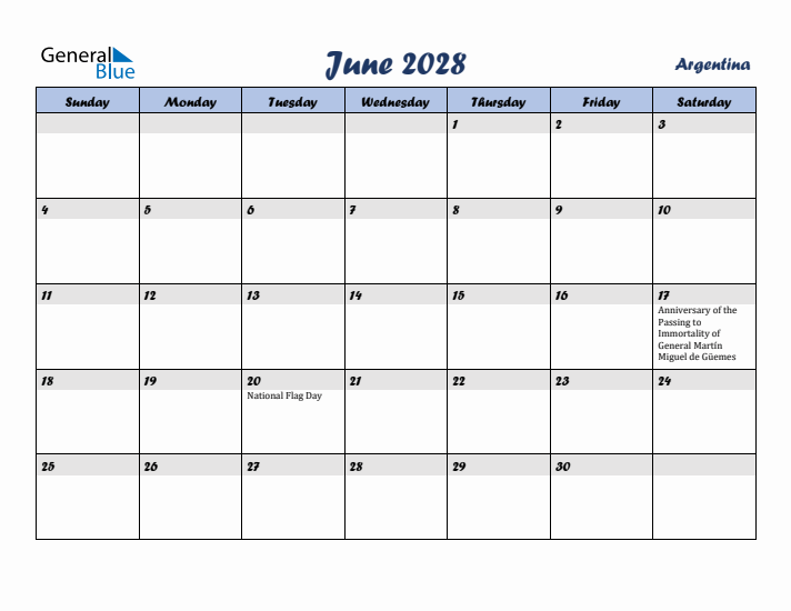 June 2028 Calendar with Holidays in Argentina