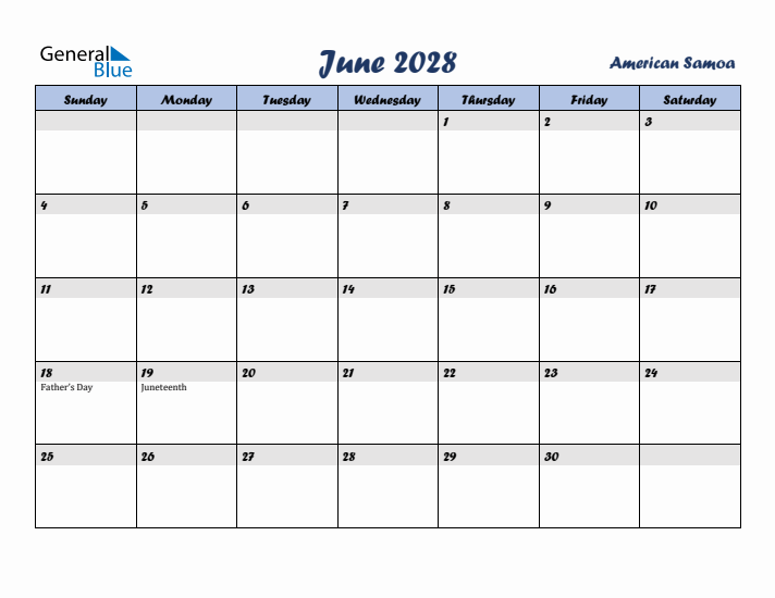 June 2028 Calendar with Holidays in American Samoa