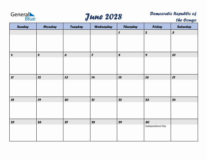 June 2028 Calendar with Holidays in Democratic Republic of the Congo