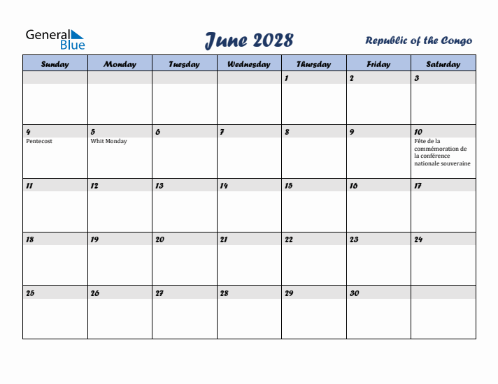 June 2028 Calendar with Holidays in Republic of the Congo
