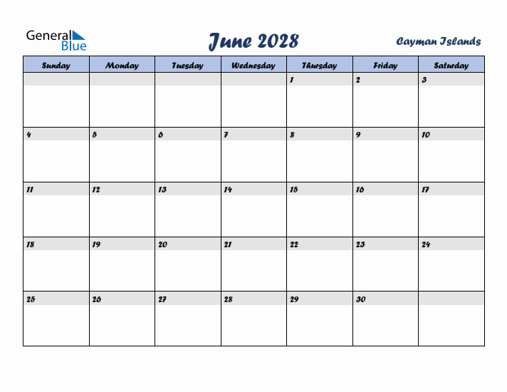 June 2028 Calendar with Holidays in Cayman Islands