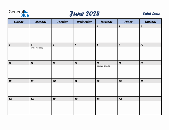 June 2028 Calendar with Holidays in Saint Lucia