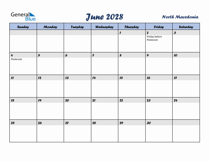 June 2028 Calendar with Holidays in North Macedonia