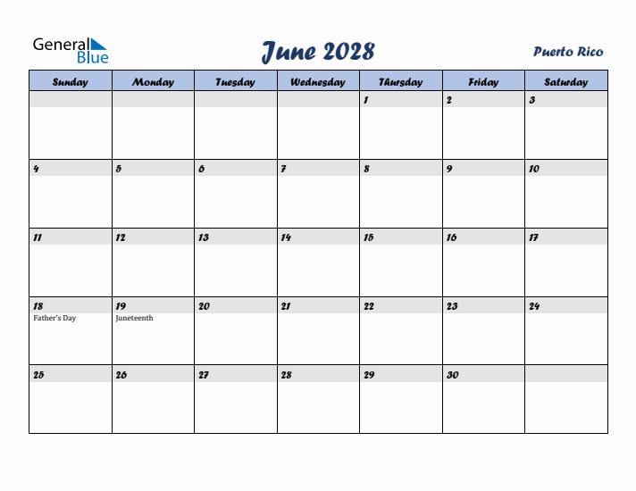 June 2028 Calendar with Holidays in Puerto Rico
