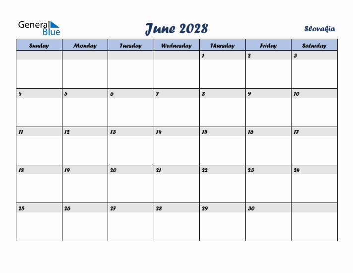 June 2028 Calendar with Holidays in Slovakia