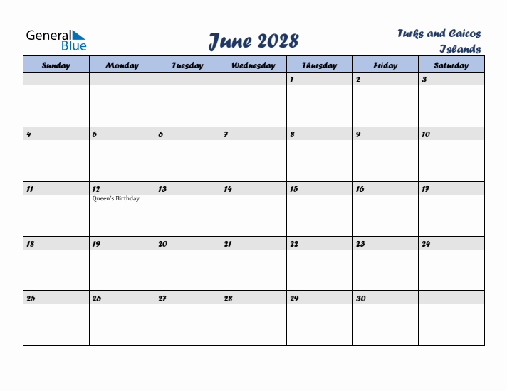 June 2028 Calendar with Holidays in Turks and Caicos Islands