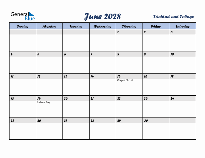 June 2028 Calendar with Holidays in Trinidad and Tobago