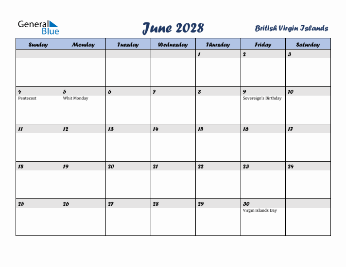 June 2028 Calendar with Holidays in British Virgin Islands