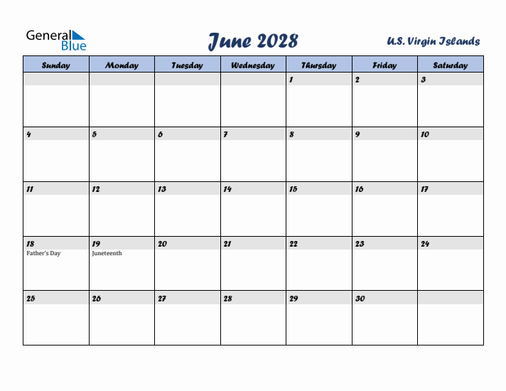 June 2028 Calendar with Holidays in U.S. Virgin Islands