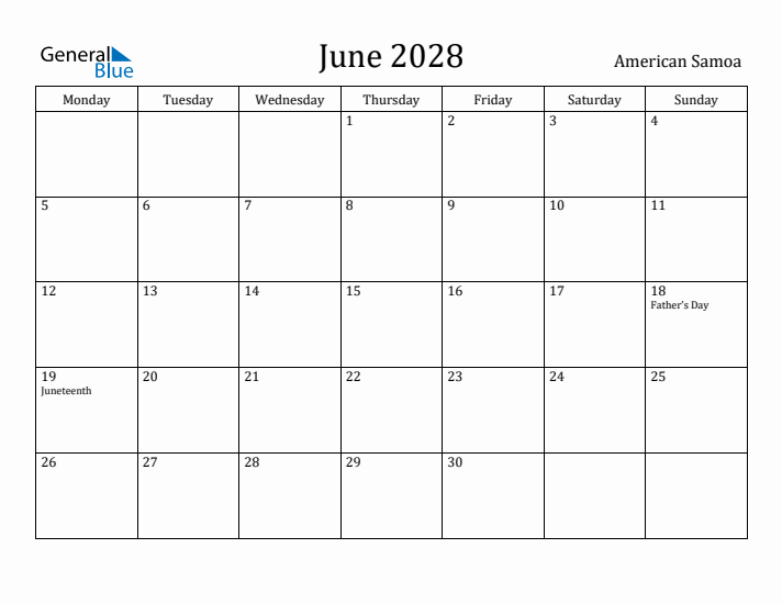 June 2028 Calendar American Samoa