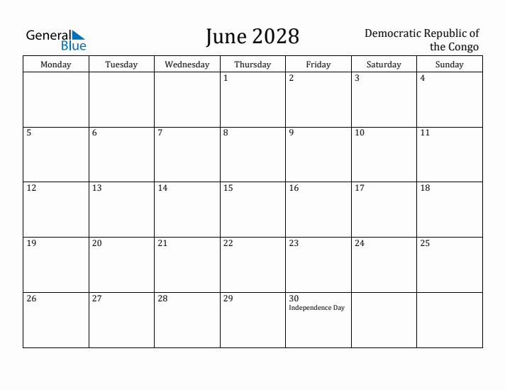 June 2028 Calendar Democratic Republic of the Congo