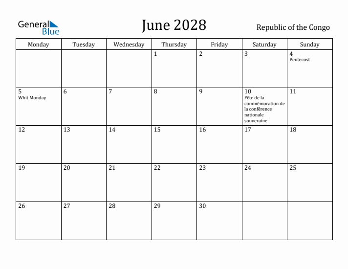 June 2028 Calendar Republic of the Congo