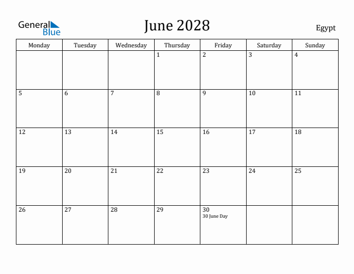 June 2028 Calendar Egypt
