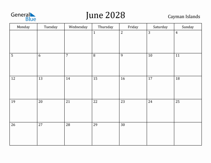 June 2028 Calendar Cayman Islands