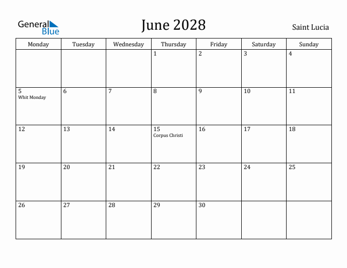 June 2028 Calendar Saint Lucia