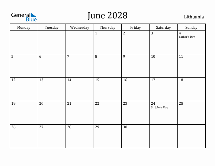 June 2028 Calendar Lithuania