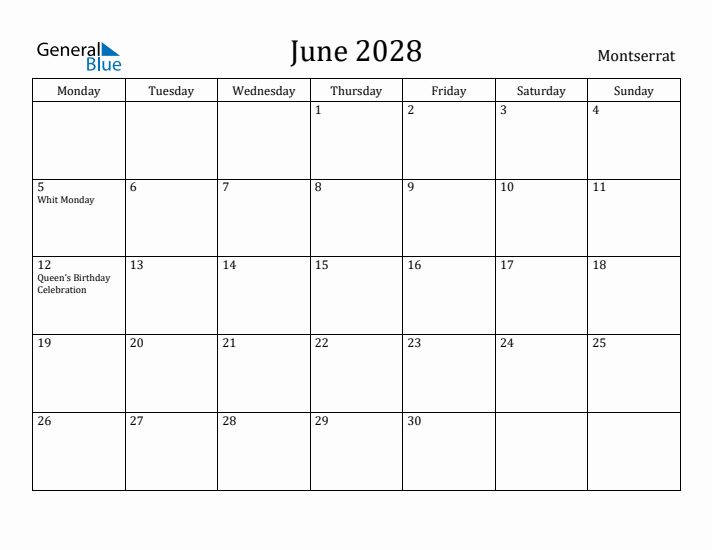 June 2028 Calendar Montserrat