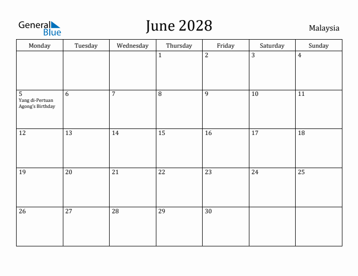 June 2028 Calendar Malaysia