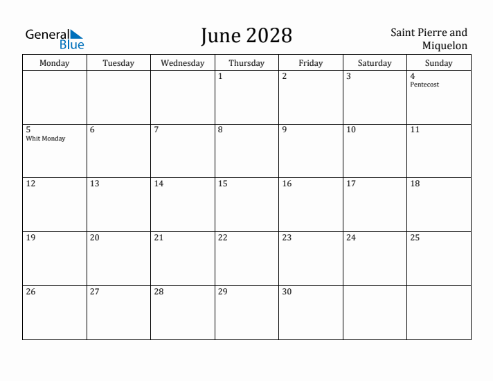 June 2028 Calendar Saint Pierre and Miquelon