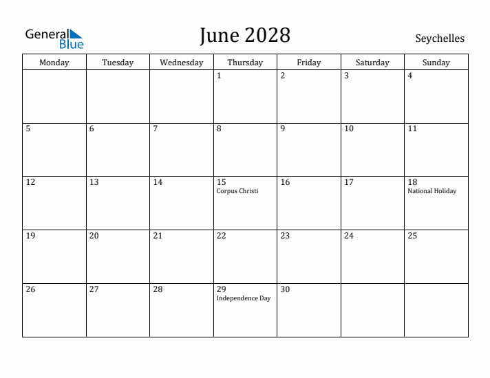 June 2028 Calendar Seychelles