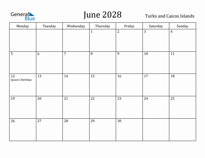 June 2028 Calendar Turks and Caicos Islands