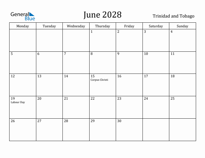 June 2028 Calendar Trinidad and Tobago
