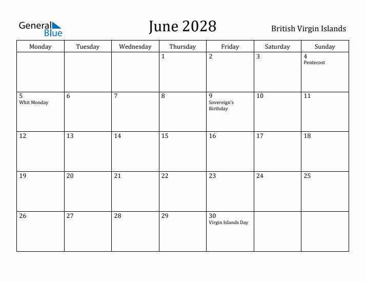 June 2028 Calendar British Virgin Islands