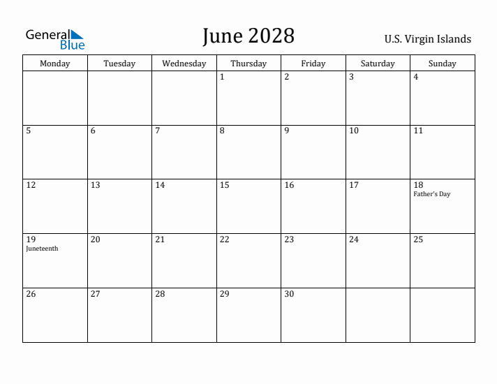 June 2028 Calendar U.S. Virgin Islands