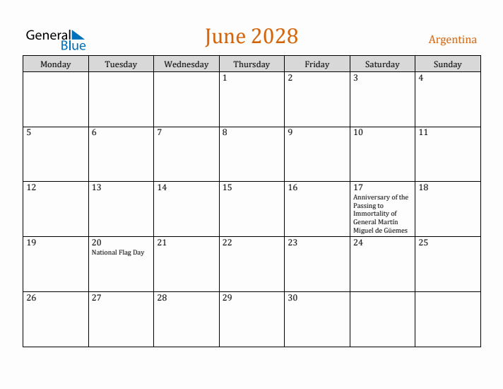 June 2028 Holiday Calendar with Monday Start