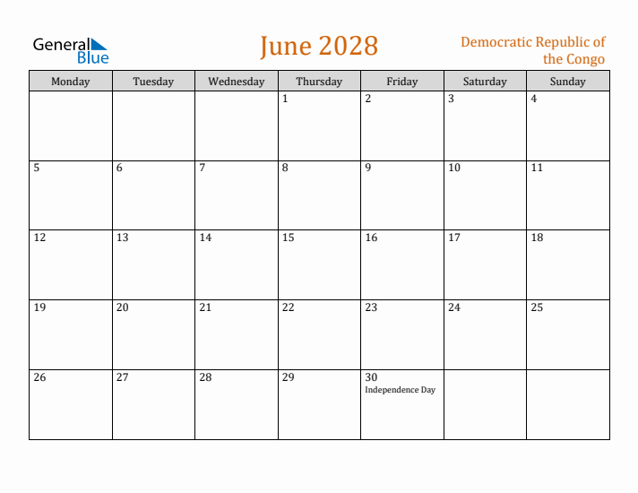 June 2028 Holiday Calendar with Monday Start