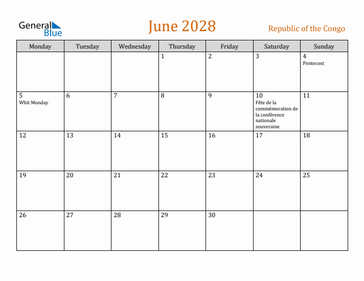 June 2028 Holiday Calendar with Monday Start