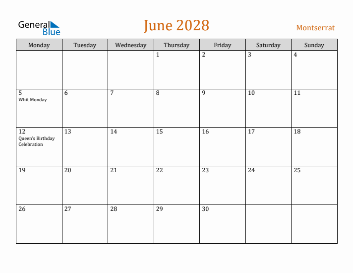 June 2028 Holiday Calendar with Monday Start