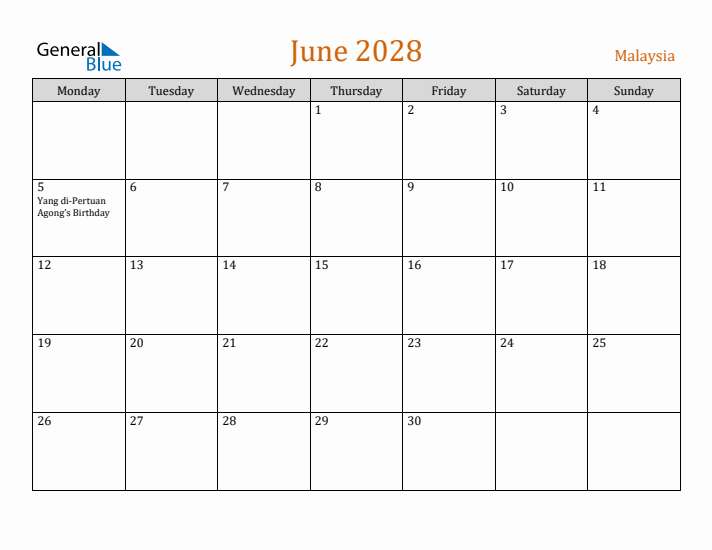 June 2028 Holiday Calendar with Monday Start