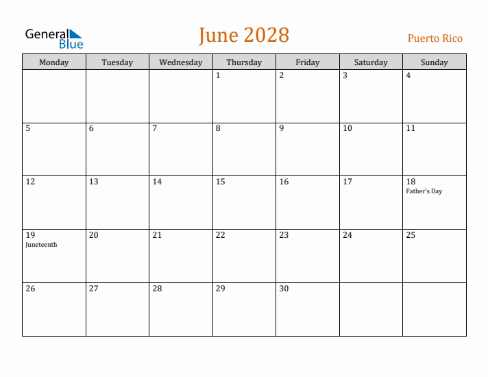 June 2028 Holiday Calendar with Monday Start