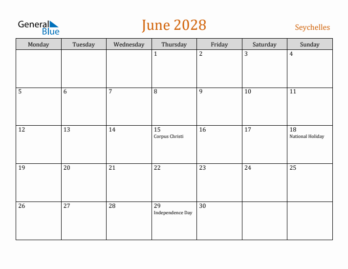 June 2028 Holiday Calendar with Monday Start