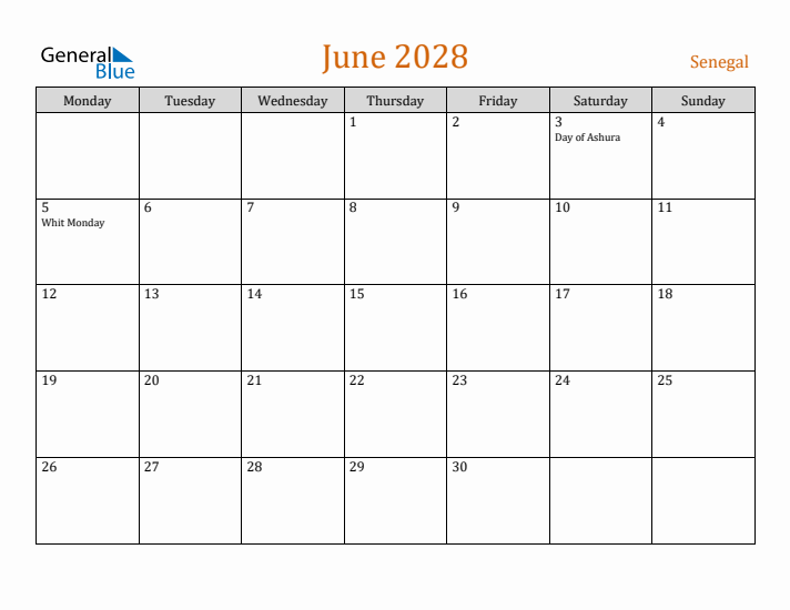 June 2028 Holiday Calendar with Monday Start