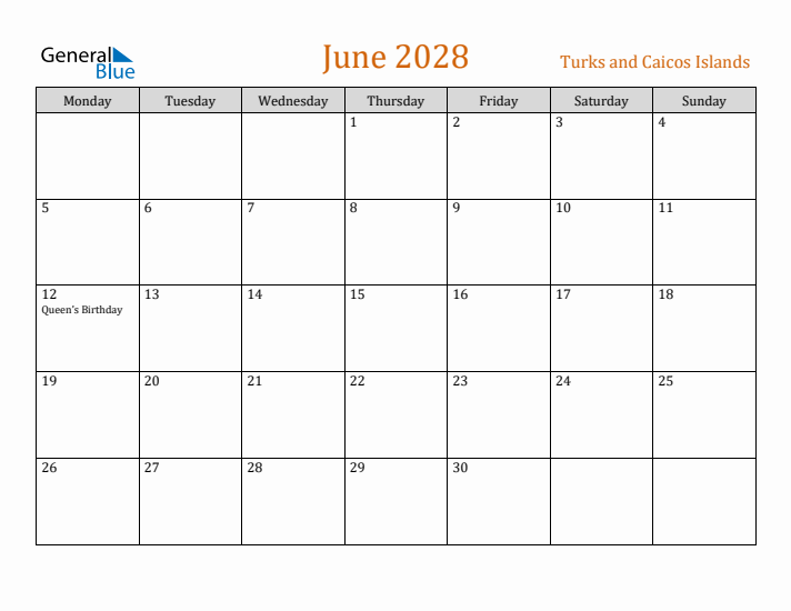 June 2028 Holiday Calendar with Monday Start