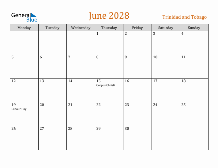 June 2028 Holiday Calendar with Monday Start